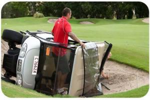 golf cart turned on its side